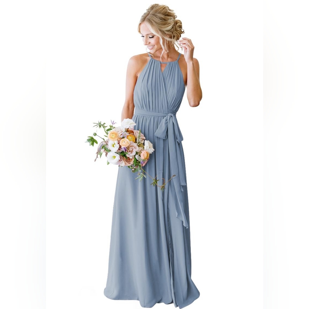 New! Elegant Long Light Blue Halter Chiffon Maxi Dress, Wedding, Bridesmaid, 2